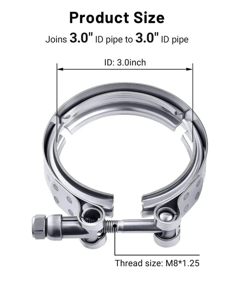 3 Inch V Band Clamp Stainless Steel 304 No Flanges Fits 3.0 Inch Flange, shown with thread size M8*1.25