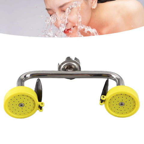 Emergency Eye Wash Station Faucet Mount with aerated spray, 304 stainless steel, yellow ends, for wall-mounted eyewash unit, ANSI Z3581 compliant.