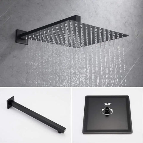 Bangin 10 Inch Square Rainfall Shower Head Trim Kit With Rough-In Valve For Concealed Bathroom System, 304 Stainless Steel, Matte Black Finish, Includes Brass Shower Arm And Pressure Balance Valve.