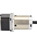Stepper motor with 47:1 planetary gearbox; NEMA 23 size, black motor housing and gold gearbox, wired for CNC.