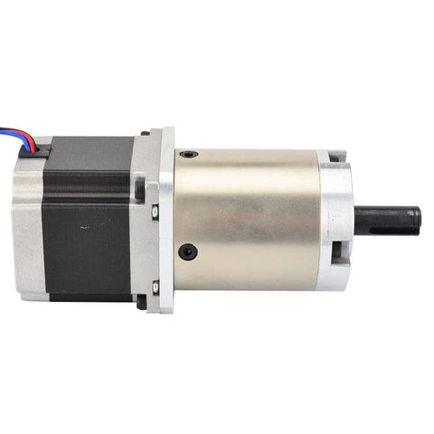 Stepper motor with 47:1 planetary gearbox; NEMA 23 size, black motor housing and gold gearbox, wired for CNC.