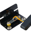 Front view of ESD wrist strap grounding kit mounted on a metal bracket with yellow standoffs and orange ground wire.
