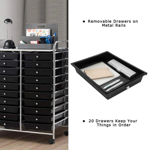 Hella Spacious 20 Drawer Rolling Storage Cart With Lockable Wheels For Office Supplies Makeup Collections Craft Projects And Garage Tools Offers Top Shelf Organization In Clean Black