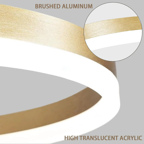 Close-up of Cool Gold Ring LED Chandelier Pendant Light Minimalist Halo Ring Fixture showing brushed aluminum and acrylic materials.