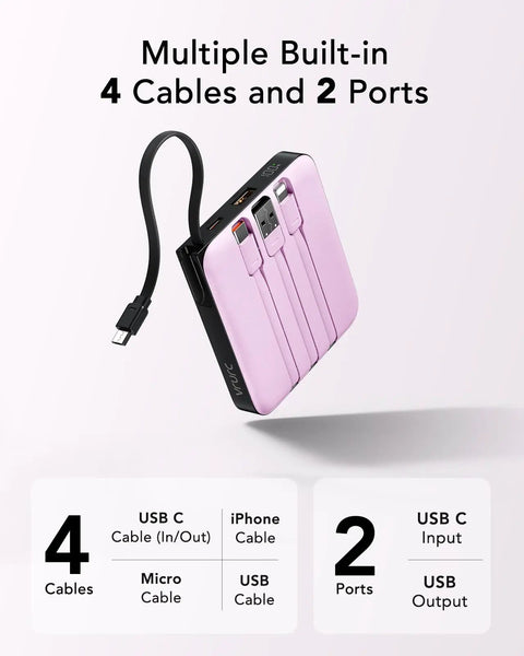Keep Your Gadgets Juiced 10000mAh Power Bank With Four Built In Cables Fast Charging Portable Battery Pack for smartphones and tablets shown with cables and ports.