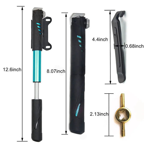 Grab-and-Go Bike Repair Kit With Blue Mini Tire Pump measuring 12.6 inches, 11-In-1 Tool shown with dimensions