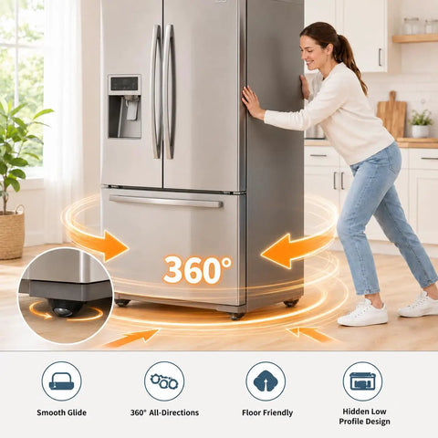 Self Sticking Furniture Caster Wheels Four Pack With Secure Grip Adhesive Pads under a refrigerator, showing smooth gliding 360° movement.