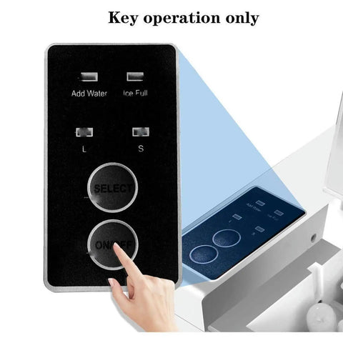Countertop Ice Maker With Portable Cube Machine For Home Or Bar, control panel showing add water and ice full indicators.