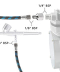 Image of Six Foot Nylon Braided Airbrush Hose With Slick Zero Drip Airflow And Dual 1/8 Inch Ports Plus 1/8 Male To 1/4 Female Fitting.