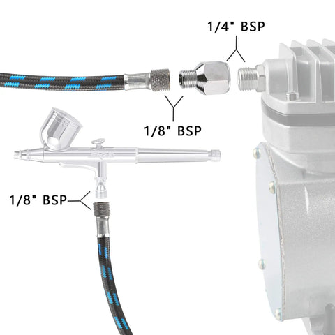Image of Six Foot Nylon Braided Airbrush Hose With Slick Zero Drip Airflow And Dual 1/8 Inch Ports Plus 1/8 Male To 1/4 Female Fitting.