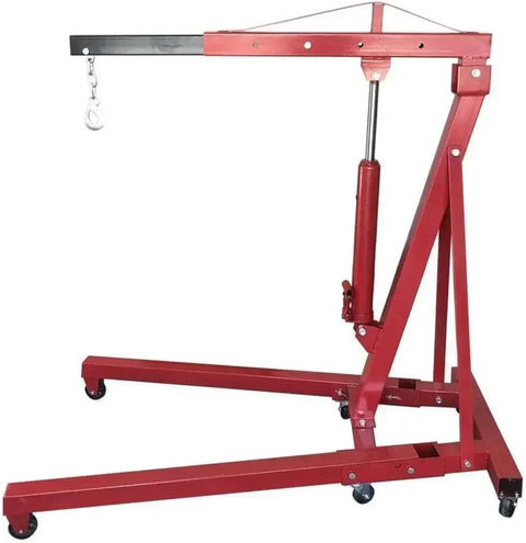 Heavy Duty Folding Hydraulic Engine Hoist 2 Ton 4000 Lb Capacity Shop Crane in red with wheels for easy mobility.