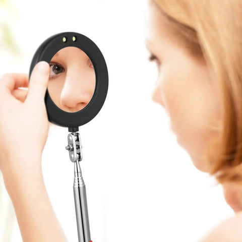 Person using round LED Mirror Inspection Set Must Have Two Piece Telescoping Round And Square Mirrors With Bright LED Light