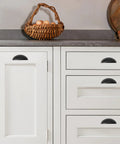 10 Pack Matte Black Cabinet Drawer Pulls 3.3 Inch Length Zinc Alloy Cup Pulls For Kitchen Hardware on white cabinets