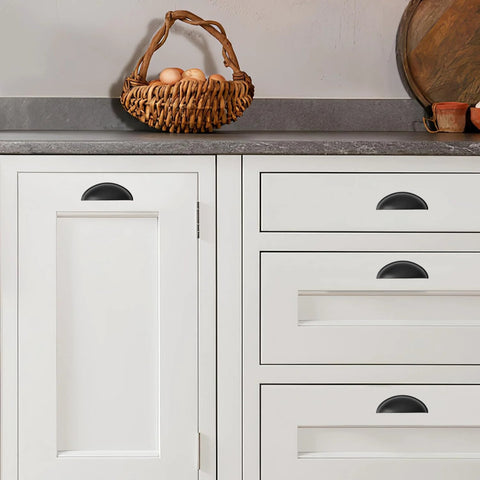 10 Pack Matte Black Cabinet Drawer Pulls 3.3 Inch Length Zinc Alloy Cup Pulls For Kitchen Hardware on white cabinets