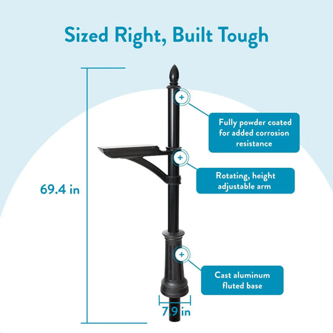 All Weather Aluminum Mailbox Post Built For Outdoors With A Tough As Nails Lightweight Feel, Powder Coated Finish, Compatible With Codes F G H, Model 7510B10 Black, Ready For Rain Snow And Coastal Climates, featuring adjustable arm and fluted base.