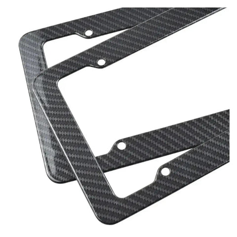 Legit Carbon Fiber License Plate Frame Set showing two sleek black frames with a carbon fiber design and mounting holes.