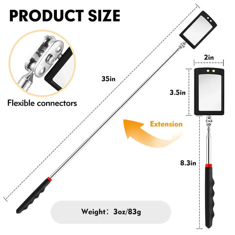 Extendable 12 To 35 Inch Inspection Mirror With 360 Degree Rotating LED Head, telescoping with non-slip grip and shatter-resistant build.