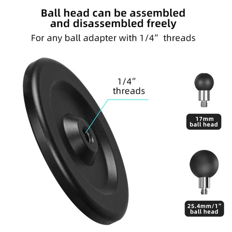 Magnetic Car Phone Holder Base With 1 Inch Ball Head For RAM B Size Mounts, showing 1/4 inch threads detail and ball head sizes.