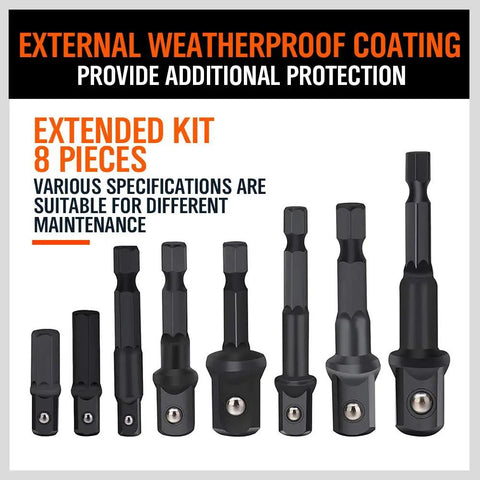 Eight Piece Impact Socket Adapter Set For One Quarter Inch Three Eighths Inch And One Half Inch Drives Quick Change Drill Chucks Display