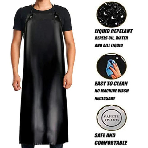 Model wearing black Waterproof Rubber Vinyl Long Work Apron 43 Inch Adjustable Bib For Dishwashing Kitchen Lab Butcher Garden And Dog Grooming