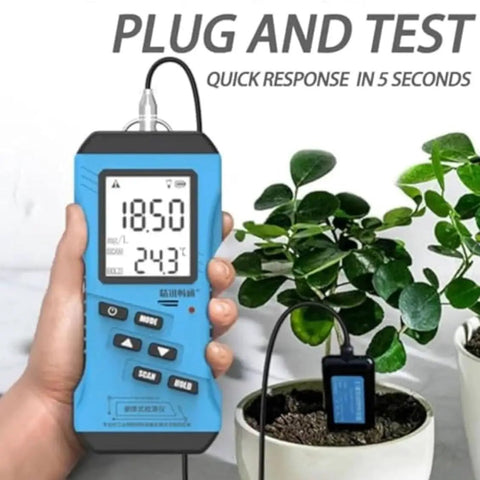 All In One Soil Tester With NPK pH Moisture And EC Readings, Pro Grade Digital Sensor Kit for precise soil fertility, held near plant