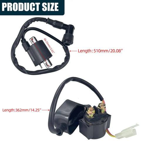 High Performance Ignition Coil Kit With 6 Pin AC CDI Box Voltage Regulator Rectifier Solenoid Relay D8TC Spark Plug And Fuel Filter For CG150cc 200cc 250cc Engines Chinese ATV Quad Go Kart Parts showing product size and wire length.