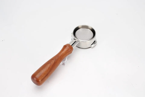 58mm Bottomless Portafilter For Breville Dual Boiler Machines Straight Up 304 Stainless Steel Filter Basket with wooden handle.