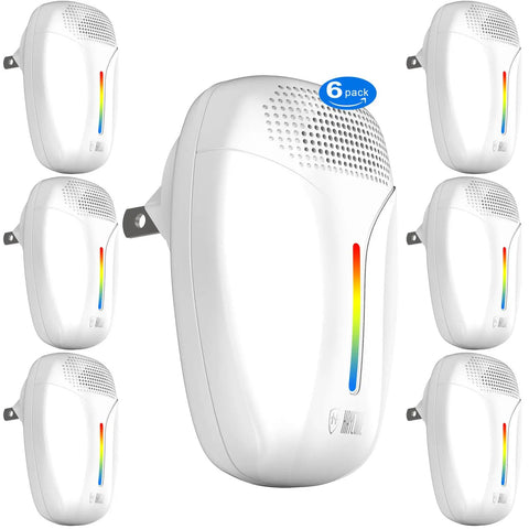 Premium Ultrasonic Indoor Pest Repeller With 3 Mode Switch 6 Pack, white design for home use, chemical-free insect deterrent.