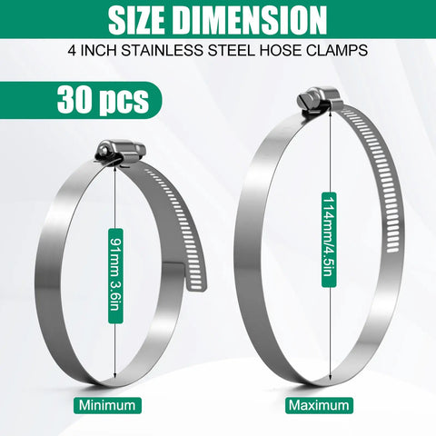 30 Pack 4 Inch Stainless Steel Hose Clamps Beefy Heavy Duty Adjustable From 3-29/50 To 4-49/100 Inches 91-114 mm Worm Gear Clamps