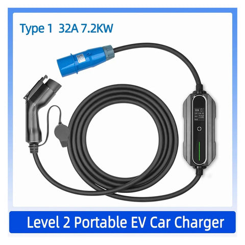 Straight Up Heavy Duty Portable Electric Charger With Type One Cable And Cee Plug 32 Amp 7 Kilowatt J1772 Adapter waterproof charger with cable.