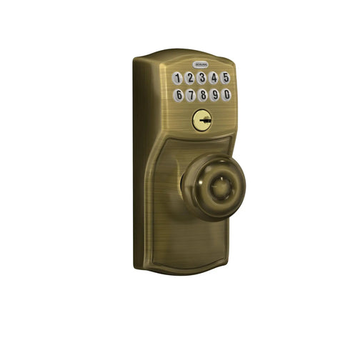 Camelot Keypad Lock With Knob, Keyless Door Entry And Electronic Lock, Flex Lock Auto Lock Option, Antique Brass Finish, FE595 CAM 609 GEO