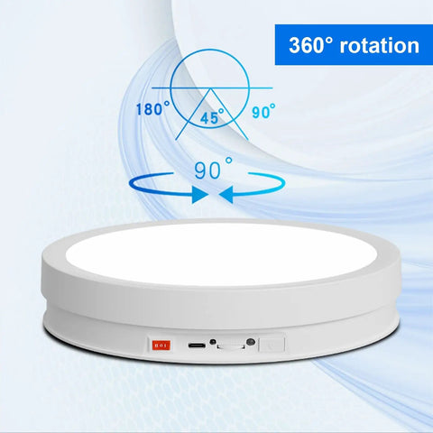 Motorized 360 Degree Rotating Display Stand With Remote Control And Seven Color Led Lights For Jewelry Photography And Collectibles Black 32 Cm Turntable with 360° rotation feature.
