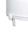 Close-up of heavy duty worm screw lock on 4 inch raised toilet seat for seniors and disabled for stable safe home bathroom use.