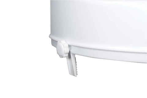 Close-up of heavy duty worm screw lock on 4 inch raised toilet seat for seniors and disabled for stable safe home bathroom use.