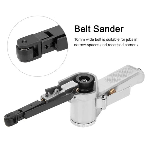 Heavy Duty Pneumatic Air Belt Sander With Three Abrasive Strips And Hex Wrench To Nail Woodworking Chores Straight Up Smooth Steel Polish And Badass Grinding At A Lightning 16000 Rpm Pace, showing 10mm wide belt for tight spaces.