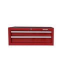 Industrial Two Drawer Portable On The Go Metal Tool Chest Cabinet 26 Inch Wide Middle Box with Ball Bearing Drawer Slides Central Cam Lock Steel Tool Storage Organizer Red