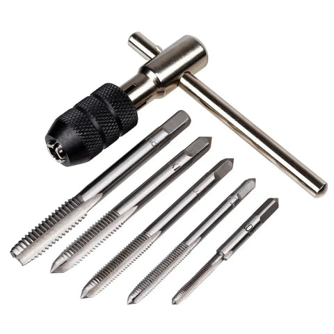 Heavy Duty Tap Handle Wrench Kit For Quick Hand Tapping, Pro Grade Tap Set With T Handle showing taps and T-handle