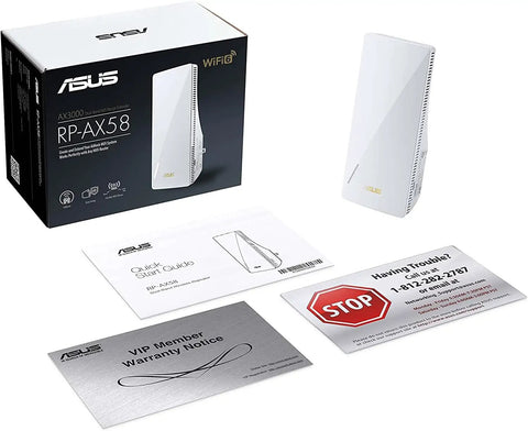 WiFi 6 Range Extender With AiMesh, AX3000 Dual Band Speeds Up To 3000 Mbps, box, warranty, and support cards