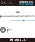 Heavy Duty Marine Grade 316 Stainless Steel Wood Screws Size 10 x 3-1/2 Inch With Torx Flat Head T25 Type 17 Point shown side view