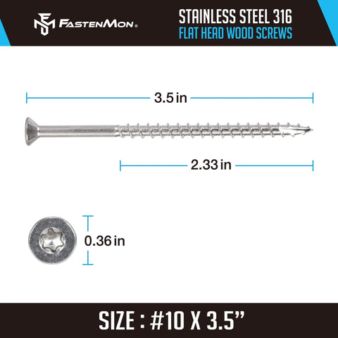 Heavy Duty Marine Grade 316 Stainless Steel Wood Screws Size 10 x 3-1/2 Inch With Torx Flat Head T25 Type 17 Point shown side view