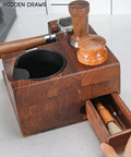 Slick Wooden Coffee Knock Box With A Solid Built In Tamping Station And Smart Hidden Compartment For Zero Hassle Daily Espresso Cleanup On Your Kitchen Counter, showing hidden drawer and tamper.