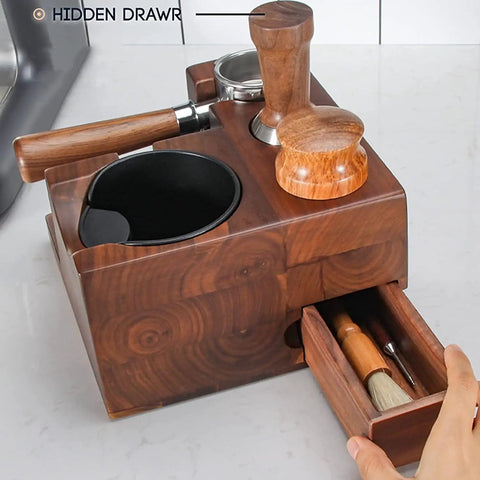 Slick Wooden Coffee Knock Box With A Solid Built In Tamping Station And Smart Hidden Compartment For Zero Hassle Daily Espresso Cleanup On Your Kitchen Counter, showing hidden drawer and tamper.