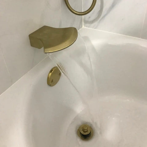 High Flow Tub Spout Wall Mounted Waterfall Faucet Filler For Bathroom Sink And Tub Shower With Diverter Brushed Nickel Finish Durable SUS304 Stainless Steel Easy Install shown filling bathtub