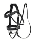 Hobby Horse Toy Competition Bridle in Black with Padded Leather Browband and Noseband, view of adjustable fit with stitching details