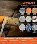 Extra Strength Epoxy Kit With 20-Minute Work Life, Waterproof 2-Part Resin shown bonding wood and tile, versatile surfaces listed