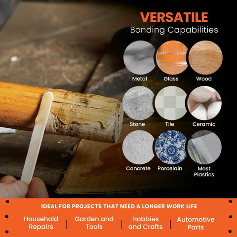 Extra Strength Epoxy Kit With 20-Minute Work Life, Waterproof 2-Part Resin shown bonding wood and tile, versatile surfaces listed