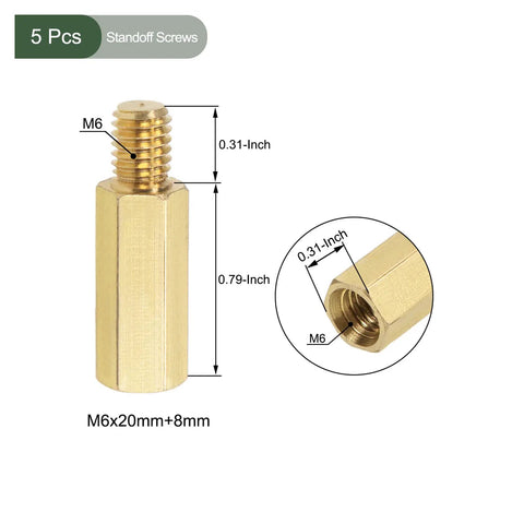 Tough As Nails M6 Brass Standoff Screws Hex Rods For PC Rigs And Builds Gold Tone Metal Hardware Five Pack showing dimensions.