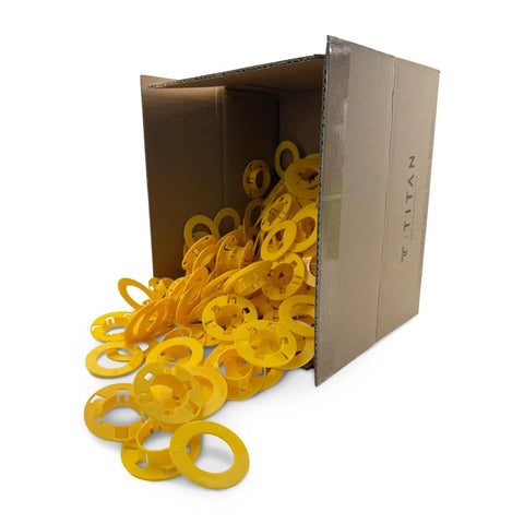 100 Pack Yellow Snap Fit Bushings For Metal Studs Low Voltage Cable Protection Polypropylene Wire Grommets in a cardboard box.