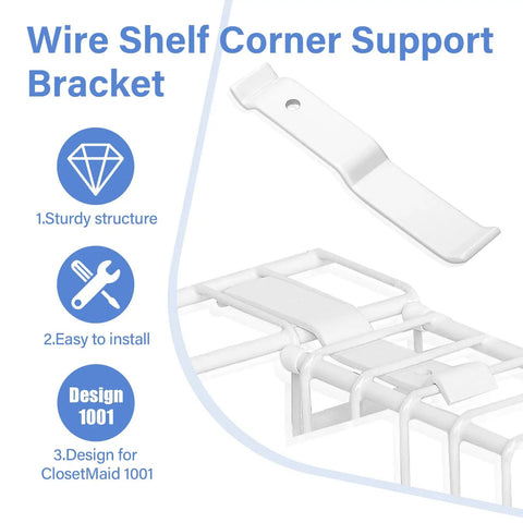 White Epoxy Coated Steel Corner Support Brackets For Ventilated Wire Shelving Top Shelf Rust Resistant Hardware Heavy Duty Boss Build Four Pack, shown with sturdy structure.