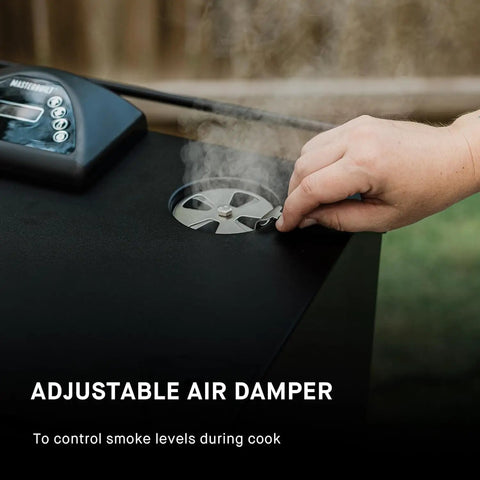 Adjusting air damper on Digital Electric Vertical BBQ Smoker With Patented Side Wood Chip Loader And Chrome Racks 710 Sq In